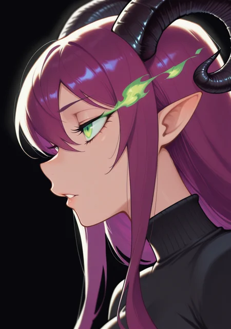 tora (par0llel), 1girl, backlighting, black background, black horns, black shirt, demon girl, demon horns, film grain, fire, flaming eye, green eyes, green fire, hair between eyes, horns, long hair, looking ahead, parted lips, pointy ears, portrait, purple hair, shirt, sidelocks, sideways mouth, simple background, solo, three quarter profile, turtleneck, turtleneck shirt, BREAK character_concept, cowboy_shot, (dutch_angle:1.25), masterpiece, best quality, amazing quality, very aesthetic, absurdres, modern, recent, newest, <lora:ToonIt_IL_Style_epoch_11:1> T00n1t