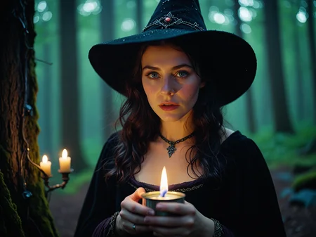 this Technicolor filmstill was shot with a 35mm Arriflex camera and an Angenieux 25-250mm f/3.2 lens. it shows a breathtakingly cute 25-year-old witch immersed in a mystical ambiance at night. She exudes dark power and allure while holding a candle in a medieval forest. The witch captivates with her mesmerizing eyes and irresistible aura, creating a scene brimming with enchantment and mystery.