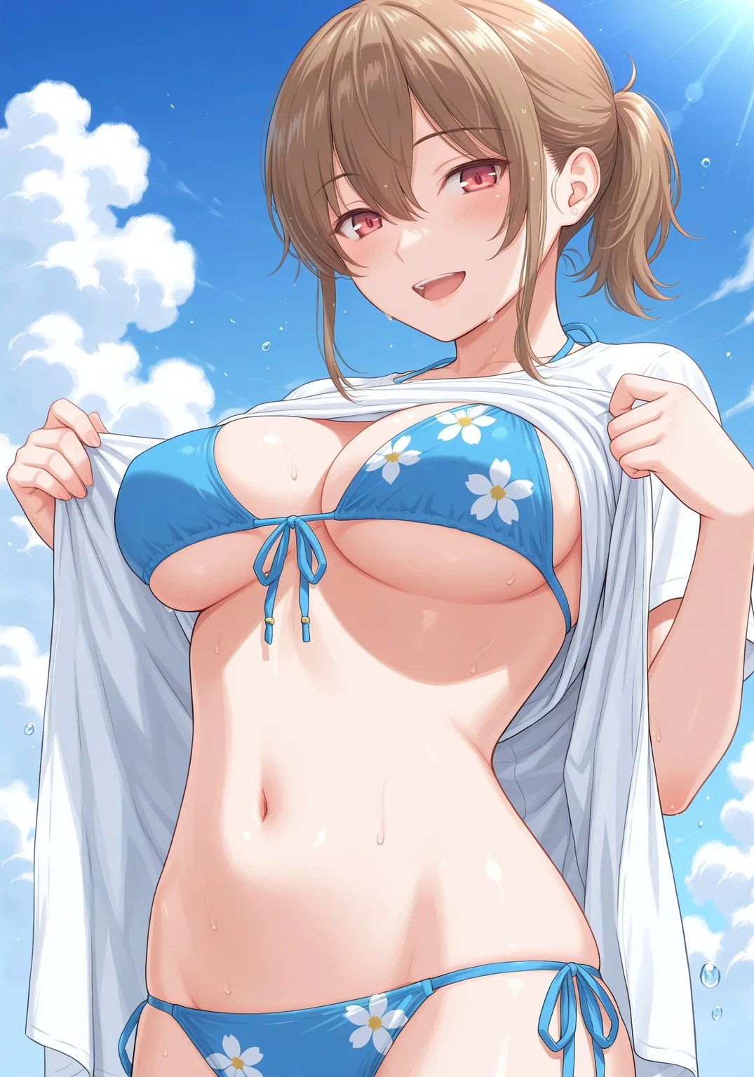 ultra-detailed,detailed face,
score_9, score_8_up, score_7_up, source_anime,(extremely detailed CG), (best quality),
brown  hair,red eyes,
underboob,breasts, 1girl, swimsuit, bikini, solo, shirt lift, breasts, brown hair, clothes lift, side-tie bikini bottom, outdoors, navel, blue bikini, sky, looking at viewer, day, floral print, smile, cleavage, shirt, open mouth, cloud, large breasts, front-tie top, lifted by self, white shirt, nagi,ponytail,