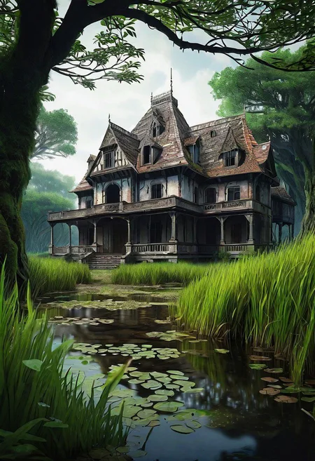 hd, 8k, masterpiece, award winning illustration  of an abandoned mansion covered with grass in a swamp, dungeons and dragons style, fantasy, group of adventurers outside, intricate details, heroic fantasy, spooky, fandist,