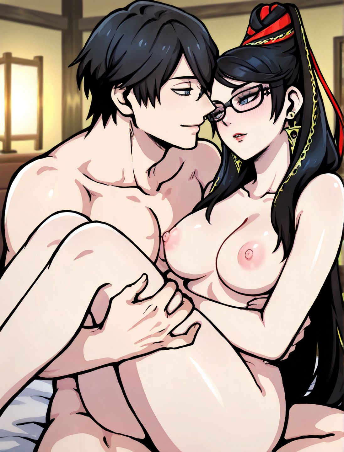 masterpiece,best quality,newest,absurdres,highres,detailed eyes,beautiful,detailed background,perfect eyes,anime coloring,anime screencap,
<lora:Side-Straddle_Position:1> nihinokakehashi,
Side-Straddle Position, 
1girl, 1boy, nude, hetero, 
breasts, nipples, couple, 
,bayonetta_(series), bayonetta, bayonetta (series),