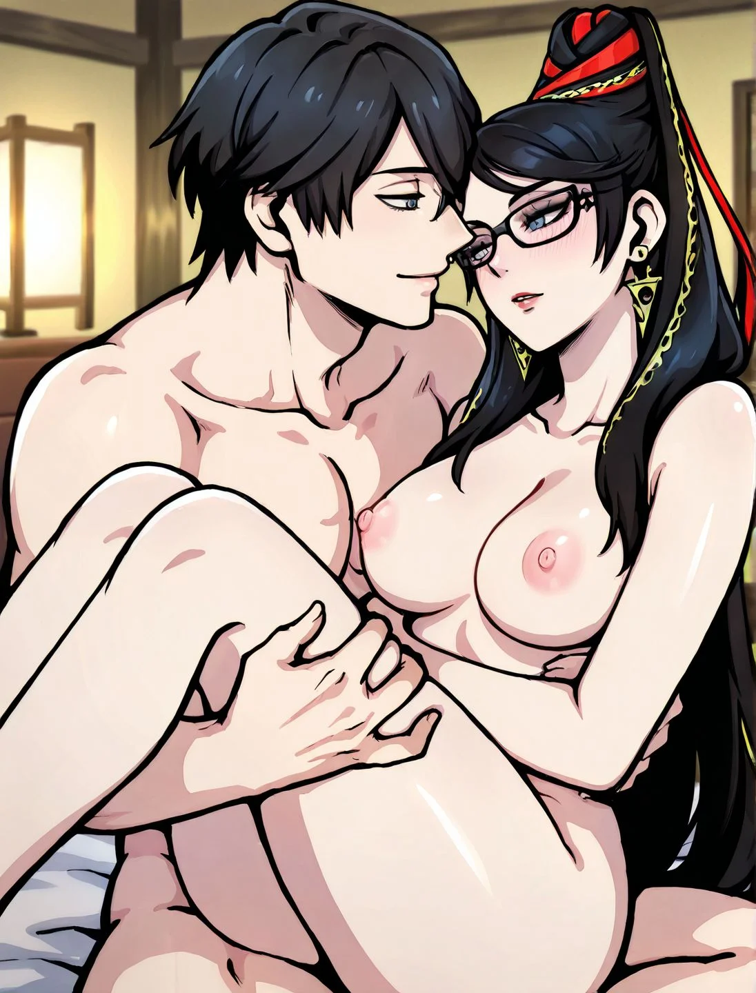 masterpiece,best quality,newest,absurdres,highres,detailed eyes,beautiful,detailed background,perfect eyes,anime coloring,anime screencap,
<lora:Side-Straddle_Position:1> nihinokakehashi,
Side-Straddle Position,
1girl, 1boy, nude, hetero,
breasts, nipples, couple,
,bayonetta_(series), bayonetta, bayonetta (series),