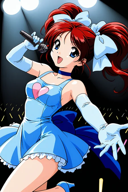 masterpiece, best quality, absurdres, official art, official style, general BREAK,
<lora:janjans1-hina_IL2_v1:0.7>, kawahara hina, 1girl, solo, red hair, blue eyes, parted bangs, short hair, short twintails, hair ribbon, shiny hair, retro artstyle, 1990s \(style\), anime coloring, flat chest, small breasts, idol, light blue ribbon, blue bow, blue choker, light blue dress, sleeveless dress, frilled dress, short dress, pink heart print, clothes writing, dress bow, back bow, large bow, bare shoulders, light blue glove, elbow gloves, frilled skirt, petticoat, bare legs, high heels, light blue footwear, standing on one leg, smile, happy, :d, open mouth, music, singing, dancing, dynamic pose, looking at viewer, holding microphone, cowboy shot, outstretched arm, outstretched hand, floating hair, from side, from above, close-up, stage lights, light, pen light
