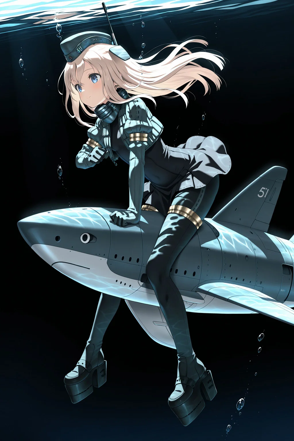 (masterpiece, best quality:1.2), amazing quality, very aesthetic, absurdres, perfect detail,
underwater, black background, stone,
riding, hand up, clenched hand, u-511 \(fleet\), light smile,
u-511 \(pump\), military uniform, garrison cap, cropped jacket, puffy sleeves, long sleeves, gloves, black dress, black pantyhose, platform footwear,
<lora:XL_Ill_kancolle-u511(pump)-t2:0.9>