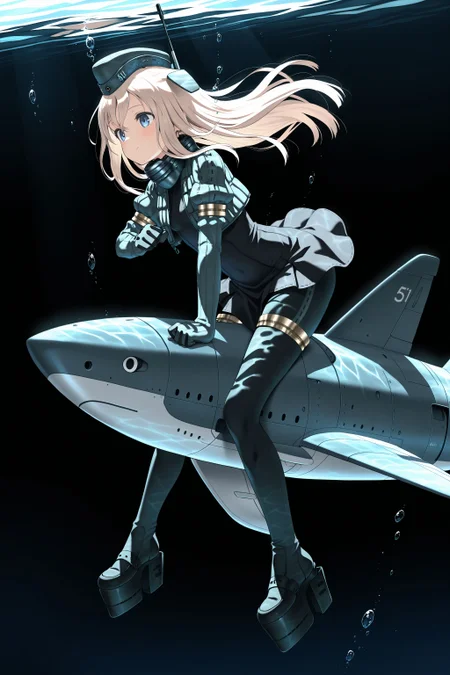 (masterpiece, best quality:1.2), amazing quality, very aesthetic, absurdres, perfect detail,
underwater, black background, stone,
riding, hand up, clenched hand, u-511 \(fleet\), light smile,
u-511 \(pump\), military uniform, garrison cap, cropped jacket, puffy sleeves, long sleeves, gloves, black dress, black pantyhose, platform footwear,
<lora:XL_Ill_kancolle-u511(pump)-t2:0.9>