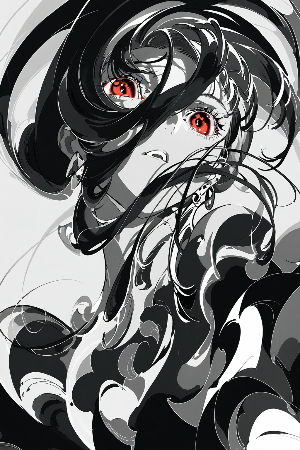 Yoneyama Mai,1girl, solo, spot color, parted lips, monochrome, red eyes, long hair, eyelashes, floating hair, earrings, simple background, greyscale