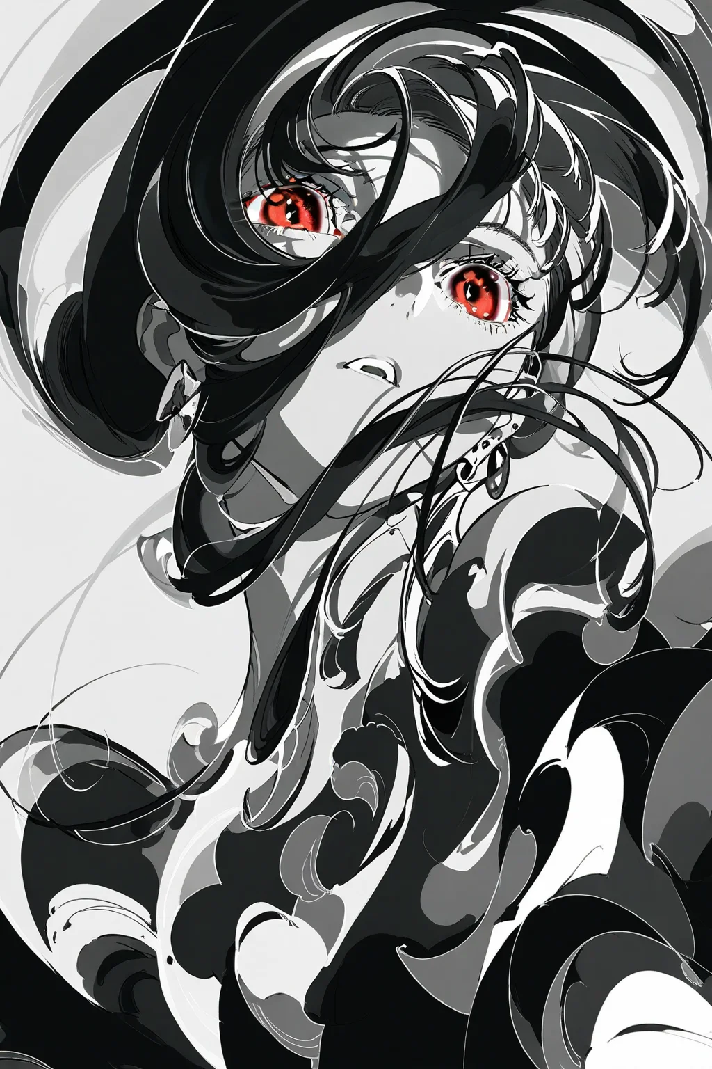 Yoneyama Mai,1girl, solo, spot color, parted lips, monochrome, red eyes, long hair, eyelashes, floating hair, earrings, simple background, greyscale