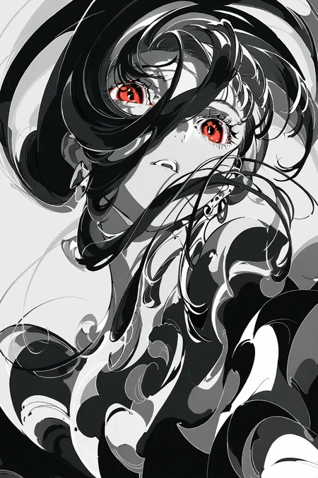 Yoneyama Mai,1girl, solo, spot color, parted lips, monochrome, red eyes, long hair, eyelashes, floating hair, earrings, simple background, greyscale