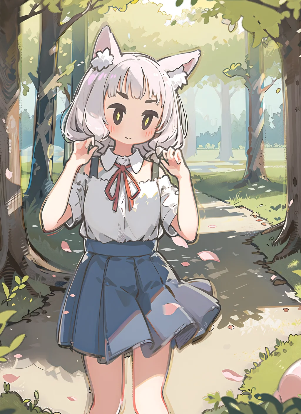 1girl, animal ear fluff, animal ears, bangs, bare shoulders, blurry, blurry background, blush, bush, closed mouth, day, depth of field, eyebrows visible through hair, field, flower, forest, grass, hair ribbon, hair rings, lake, looking at viewer, nature, on grass, outdoors, park, path, petals, ribbon, river, road, shirt, short sleeves, skirt, solo, suspender skirt, tree, tree shade, white shirt
<lora:moffmachi_style-LyCORIS-any-000022:1.2>,