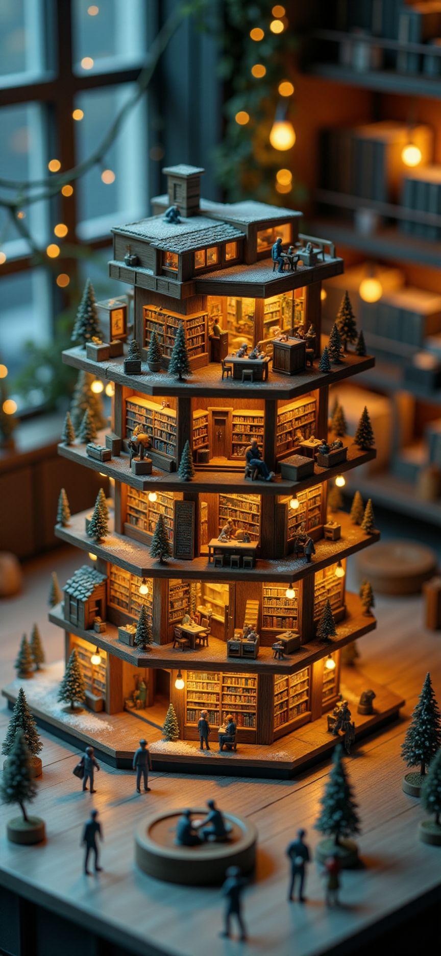 (indoors,indoor,isometric view,side view,tilt-shift lens:2), (fna_style,miniature,miniature,diorama,miniature,diorama,PVC,plastic:2),starry night,winter giant (multi layers of library with cafe hexagonal vertical:2.5) is located center, people, (in wooden square plate:3) (on table at study:3) <lora:Fantasy_Novel_Art_Style:1> <lora:Rostpunk:0.3>