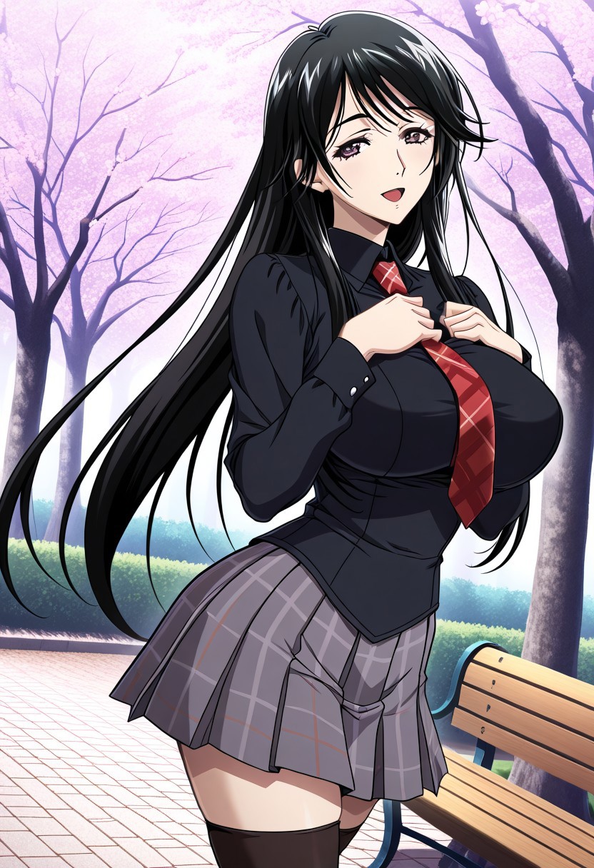 masterpiece, best quality, newest, highres, uncensored, 1girl, yokota mamoru style,1girl,
Yakou Tomoe,Black Hair, Long Hair,Brown Eyes,Big Breasts，
 black thighhighs, zettai ryouiki, black shirt, collar, red necktie, plaid, plaid necktie, plaid skirt, pleated skirt, grey skirt,, park, cherry blossoms, bench, gentle breeze, peaceful, running, open mouth,, smile, , hands on own chest, smile, solo,, cowboy shot, dutch angle