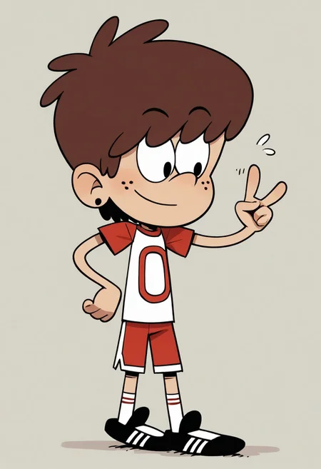 (score_9 | score_8_up | score_7_up) ((masterpiece:1))(best quality,very high quality,ultra detailed:1.2) (2D,cartoon style,anime style)(Smooth:2)(clean blurring) (four fingers on each hand,one thumb on each hand:1), Boy Lynn loud, solo, 1boy, Brown hair, thick Brown hair, round nose, freckles, red And white jersey shirt with a 0 on it, red And white shorts, white socks, black shoes
