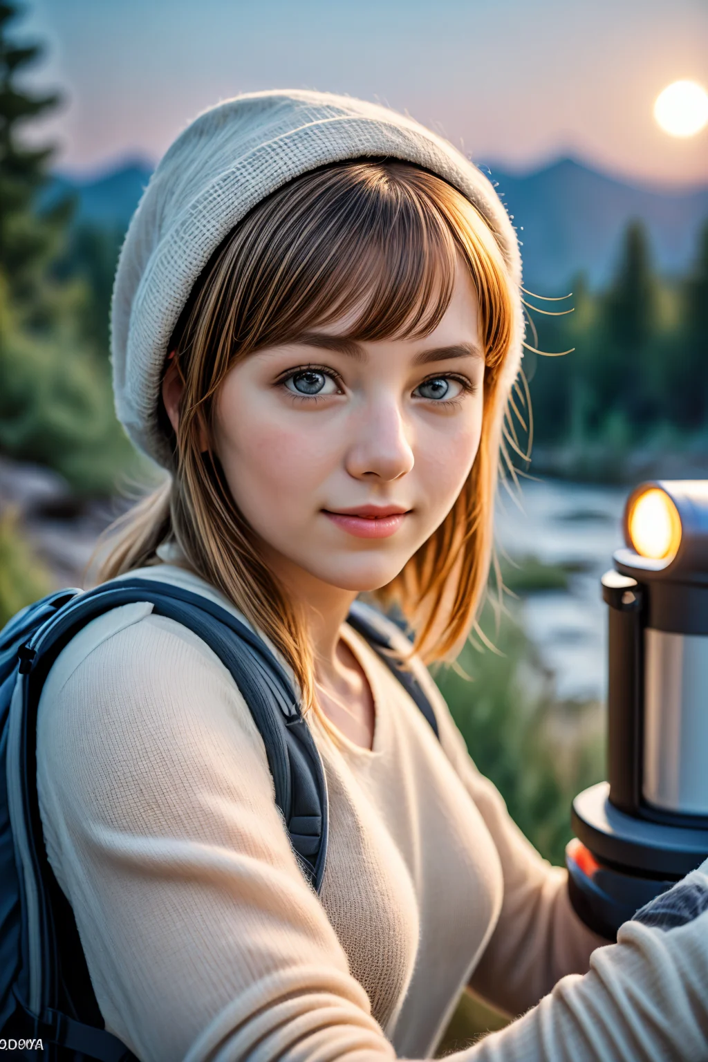 1 woman ((upper body selfie, happy)), masterpiece, best quality, ultra-detailed, solo, outdoors, (night), mountains, nature, (stars, moon) cheerful, happy, backpack, camping stove, water bottle, mountain boots, gloves, sweater, hat, flashlight, forest, rocks, river, wood, smoke, shadows, contrast, clear sky, analog style (look at viewer:1.2) (skin texture) (film grain:1.3), (warm hue, warm tone:1.2), close up, cinematic light, sidelighting, ultra high res, best shadow, RAW, upper body, wearing pulloverbackground, natural skin:0.5 <lora:LCM_LoRA_Weights_SD15:1>
20yo,