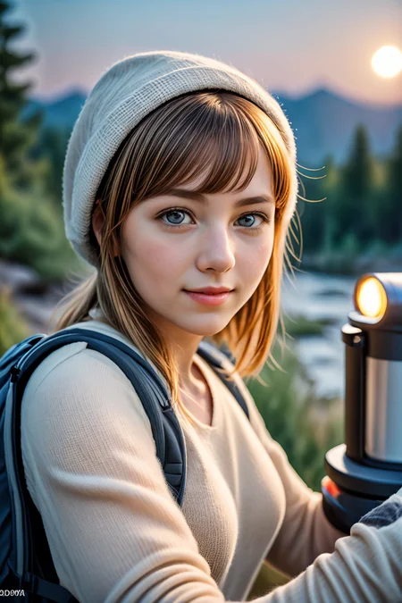1 woman ((upper body selfie, happy)), masterpiece, best quality, ultra-detailed, solo, outdoors, (night), mountains, nature, (stars, moon) cheerful, happy, backpack, camping stove, water bottle, mountain boots, gloves, sweater, hat, flashlight, forest, rocks, river, wood, smoke, shadows, contrast, clear sky, analog style (look at viewer:1.2) (skin texture) (film grain:1.3), (warm hue, warm tone:1.2), close up, cinematic light, sidelighting, ultra high res, best shadow, RAW, upper body, wearing pulloverbackground, natural skin:0.5 <lora:LCM_LoRA_Weights_SD15:1>
20yo,