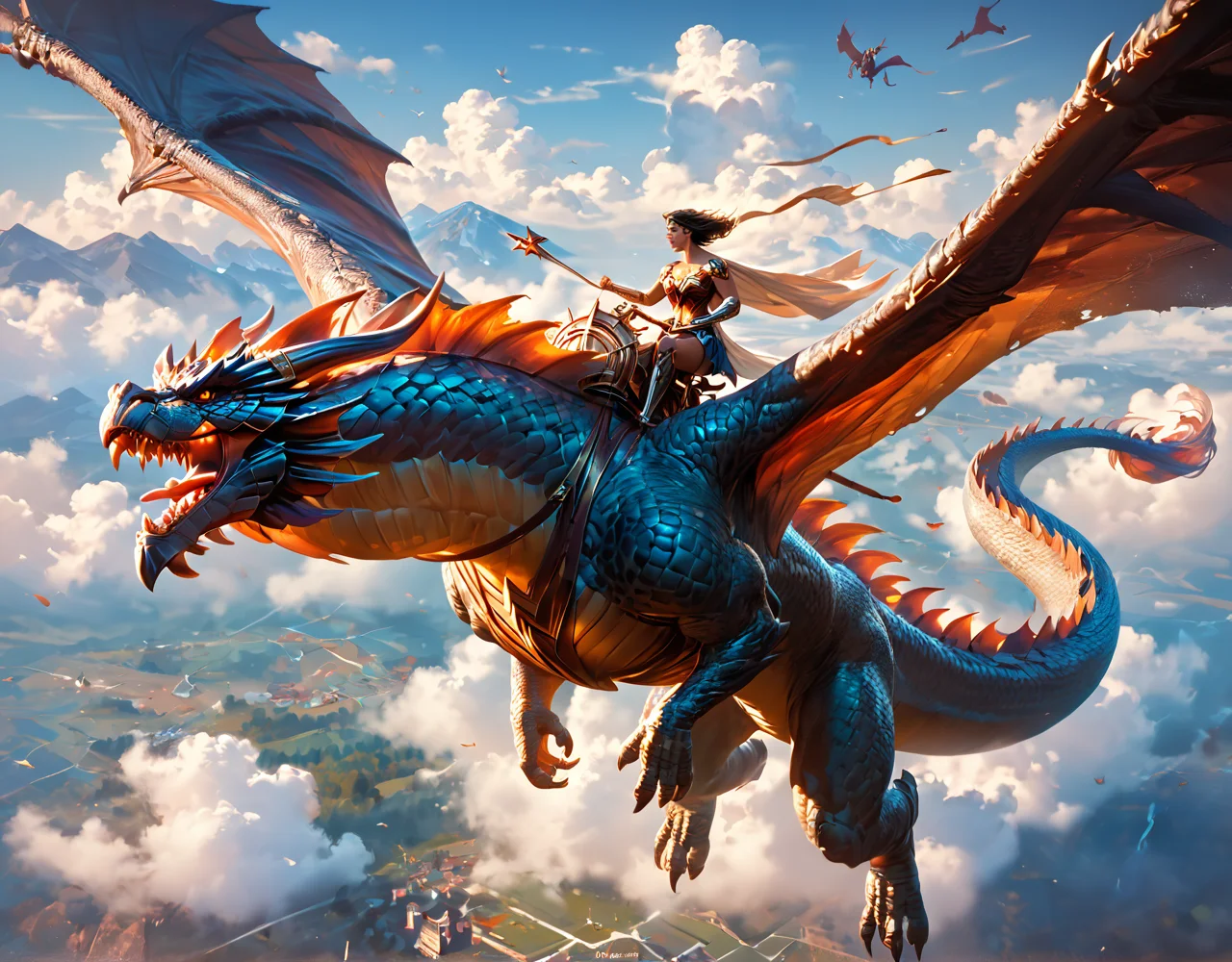 score_9, score_8_up, score_7_up, epic image of a wonder woman riding a huge dragon, sky, flying, <lora:dragonriderpxl:0.8>, dragonriderpxl, motion, action shot, best quality, masterpiece, above the clouds, mount olympus in background,
