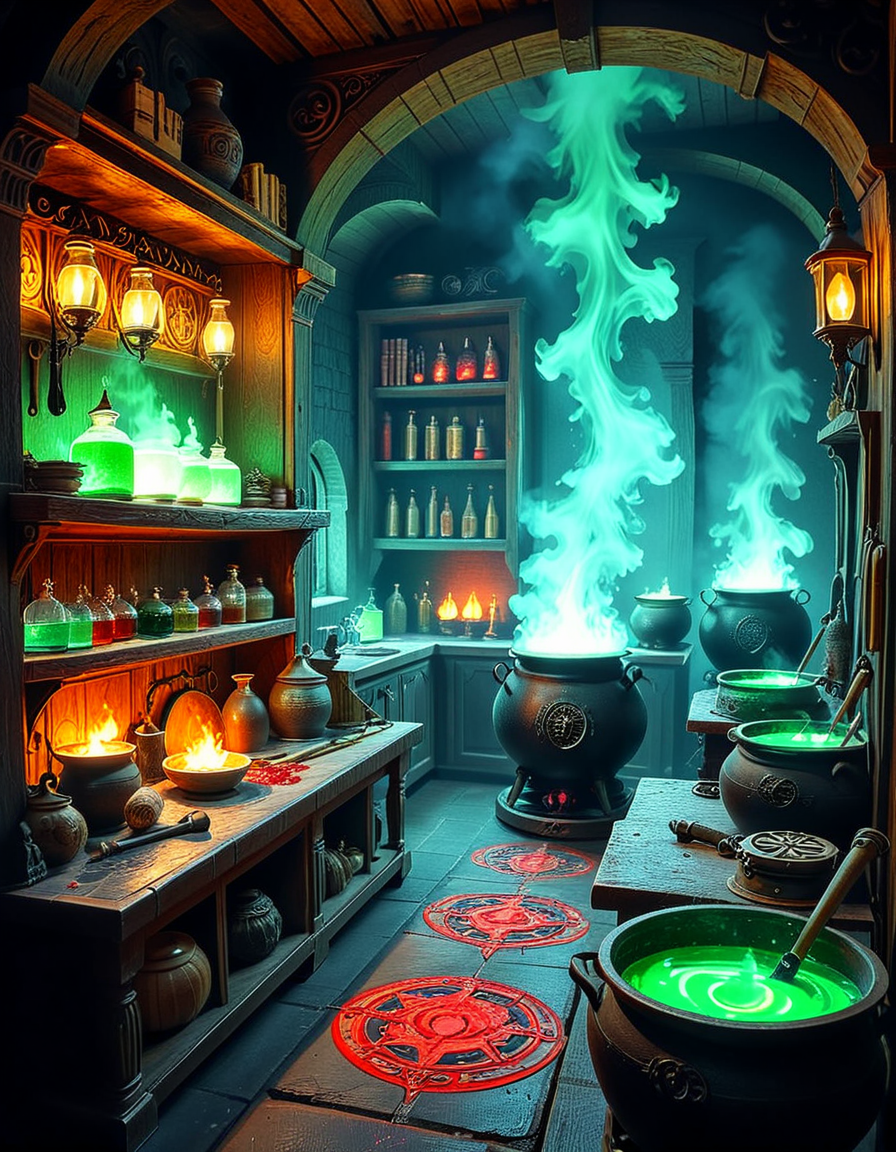 Hidden deep within the necromancerâs infernal domain lies a nightmarish kitchen, a grotesque fusion of alchemical laboratory and sacrificial chamber. The walls are carved from blackened bone and obsidian, pulsating faintly with necrotic energy. Faint green flames flicker in sconces made from twisted skeletal hands, casting eerie shadows across the macabre workspace. The air is thick with the scent of decay, ash, and something far worseâan indescribable aroma of corruption and dark magic.
At the center, a massive butcherâs table, scarred and stained with centuries of dried blood, serves as the primary workstation. Rusted, jagged knives, bone saws, and crude flesh-carving tools hang from hooks, their edges glistening with fresh remnants of something recently prepared. Nearby, grotesque cauldrons bubble with viscous, unnatural liquidsâblack ichor, boiling crimson blood, and glowing green elixirs swirl together, each concoction releasing haunting whispers as if infused with trapped souls.
Suspended from the ceiling, enormous iron hooks hold skinned carcassesâsome humanoid, others unrecognizable abominations stitched together from various creatures. Skeletal constructs, animated by unseen forces, mindlessly tend to the kitchen, stirring bubbling cauldrons and grinding unknown ingredients into fine powders using ancient, rune-etched mortars and pestles.
Along the walls, towering shelves hold disturbing "ingredients" sealed in glass jars: floating, disembodied eyes that track movement, severed hands that twitch sporadically, and writhing black worms that exude a thick, putrid slime. Bundles of dried, withered herbsâsome glowing faintly with infernal energyâhang from the rafters, alongside strips of preserved flesh, their origins best left unspoken.
In one corner, a massive, rune-inscribed oven burns with an unnatural, ghostly blue flame. The heat does not come from firewood but from the tormented souls bound within, their agonized wails fueling its endless infernal blaze. A massive iron cauldron sits atop a cracked stone hearth, where a thick, bubbling stew churnsâits surface occasionally breaking as something beneath struggles, clawing weakly before sinking back into the depths.
This is not a place for feastingâit is a workshop of the grotesque, where ingredients are harvested, flesh is repurposed, and the very essence of undeath is distilled into unholy nourishment. No living creature eats hereâonly the dead, the damned, and the things that should not be.
Style & Mood :
- Dark fantasy, gothic horror, necromantic aesthetics
- Cinematic, high-detail, eerie lighting
- Infernal atmosphere, filled with shadows, glowing green and crimson energy, and grotesque details
- Inspired by the works of ZdzisÅaw BeksiÅski, H.R. Giger, and dark medieval sorcery
<lora:SDXLFaeTastic2400:0.4> <lora:extremely_detailed:0.4> extremely detailed, <lora:mysterious_4lch3my_sh0p:1> mysterious 4lch3my sh0p <lora:nightmarish_k1tch3n:1>,nightmarish k1tch3n, Masterpiece,best quality,hi res,8k,hi res,8k,award winning,(sharp focus, intricate, highly detailed),