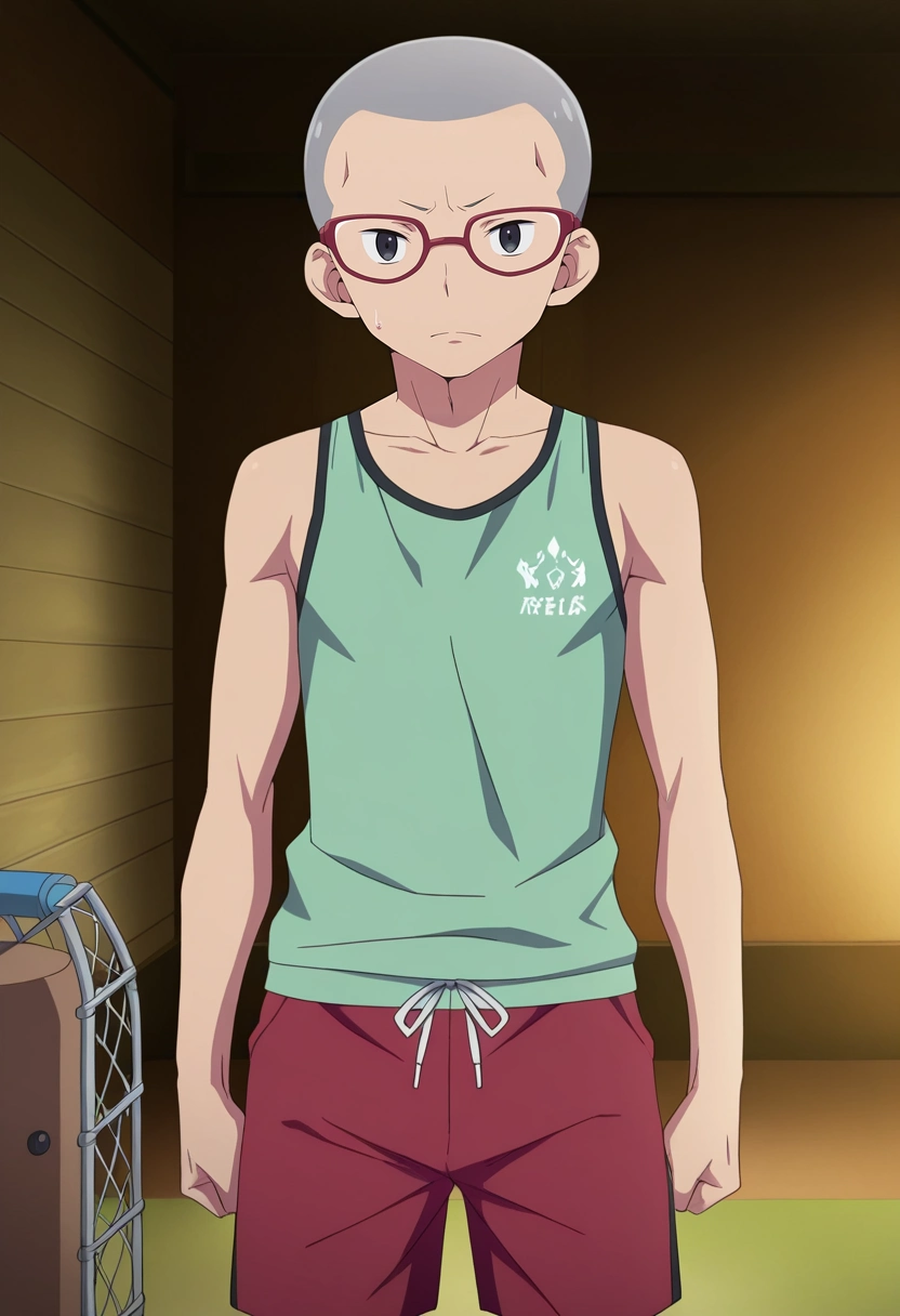 masterpiece, best quality, , , looking at viewer, 1boy, solo, male focus, <lora:konekomaru_miwa_ilxl:0.9>, konekomaru_miwa, grey hair, black eyes, bald, glasses, red-framed eyewear, , , Track shorts with mesh panels, Felt Tank top, , ,