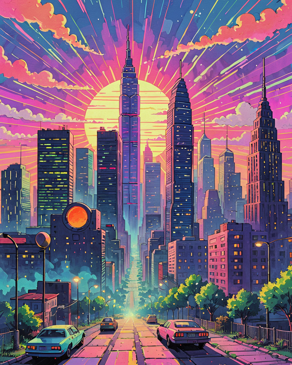 <lora:Psychedelic Vibes - Trigger with Psychvibes Artstyle:1>  Video Game Console, futuristic city skyline at dawn with skyscrapers against a colorful sky , psychvibes artstyle
