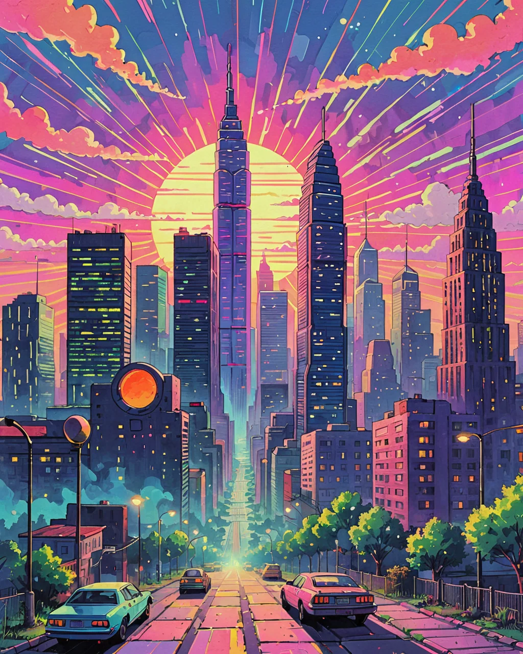 <lora:Psychedelic Vibes - Trigger with Psychvibes Artstyle:1> Video Game Console, futuristic city skyline at dawn with skyscrapers against a colorful sky , psychvibes artstyle