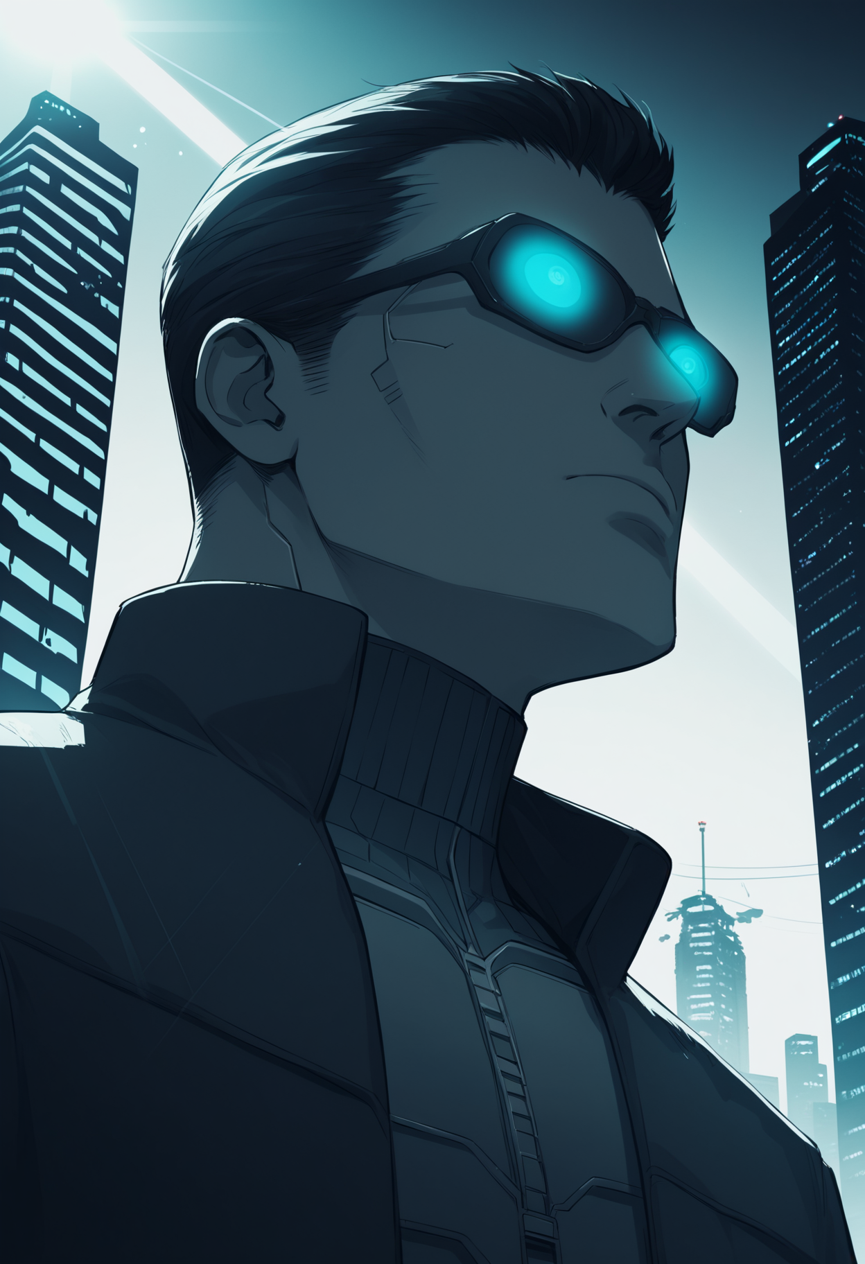 score_9, score_8_up, score_7_up, source_anime BREAK <lora:jcdenton-deusex-richy-v1_pdxl:1> 1boy, solo, male focus, jde, sunglasses, black hair, short hair, black coat, cyberpunk, science fiction, looking up, closed mouth, black boots, gloves, outdoors, city, monochrome, light beam, light shaft, helicopter, skyscraper, street, from below, close-up, portrait, blue theme, black background