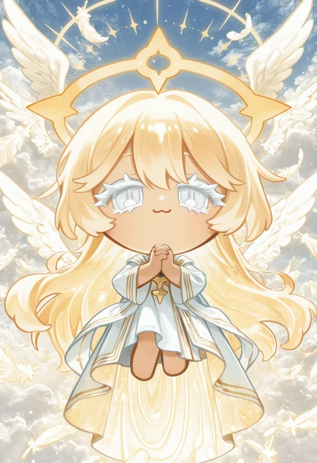 masterpiece,best quality,amazing quality,
colored eyelashes,white eyelashes,:3,
1girl,white,flowing robes,with a golden halo and wings,gentle pose,solo,full body,cloudy,heavenly background,(angel theme:1.1),(prayer theme:1.1),surrounded by an aura of peace and devotion,with a few feathers or clouds floating around her,and a soft,warm glow emanating from her halo as she prays with her hands clasped together,her eyes cast upwards towards the heavens,and her wings beating slowly as she floats in mid-air.,
crk1styl111,<lora:lycoris:1>,(chibi:1.4),