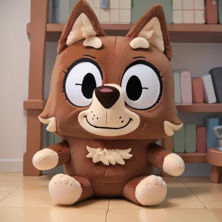 score_9, score_8_up, BREAK <lora:rustymum:0.9> rustymum, furry female, dog, solo, black eyes, smile, <lora:woafu_plushify_pony:0.8> plushify, character stuffed toy, chibi