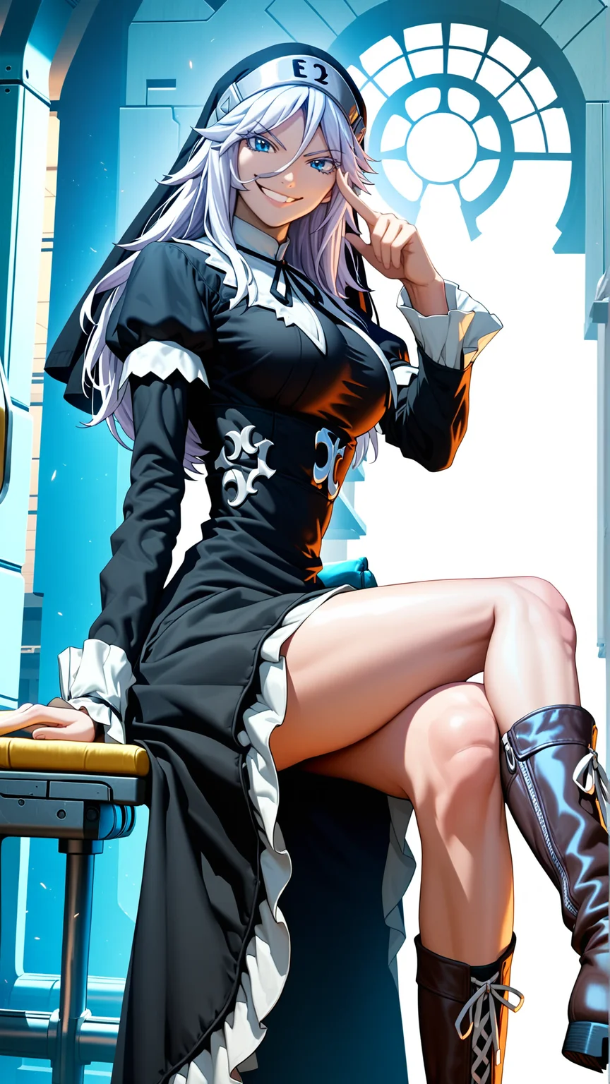 fantasy-style, (zPDXL2), (((sideview cowboy shot))), (((dynamic pose))), (((dynamic angle))), sehele style, webtoon, anime, centered, 1girl, 1woman, (((sitting))), crossed legs, sisry, (((smirking))), blue eyes, gray eyebrows, long white hair and eyelashes, a long-sleeved black nun's habit with "E2" on the headpiece, knee-length brown boots, mechanical seam across forehead, indoors, sci-fi background, <lora:sd_xl_dpo_lora_v1:1>, <lora:OMG-Is-DucHaiten_v1.0:0.1>, <lora:Seunghee_Lee_Style_PDXL:1>, <lora:ManhwaSDXL:0.8>, <lora:sisry_PonyXL:0.8>