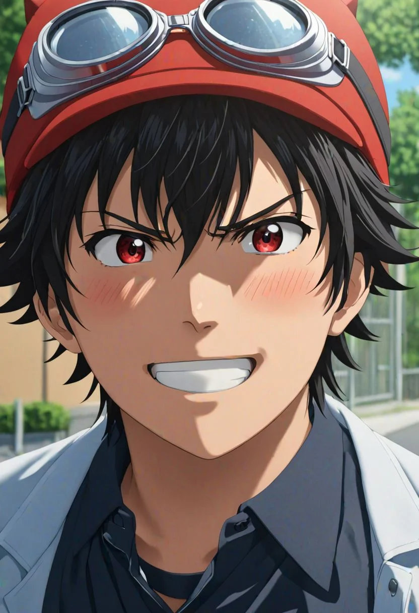 (4k), extremely detailed, hyper detailed, high resolution, professional photography, best quality, candid photo, 1boy, solo, male focus, easynegative, Yuusuke Fujisaki, Red Hat, Black Hair, school uniform, looking at viewer, candid photo, goggles, angry, smile