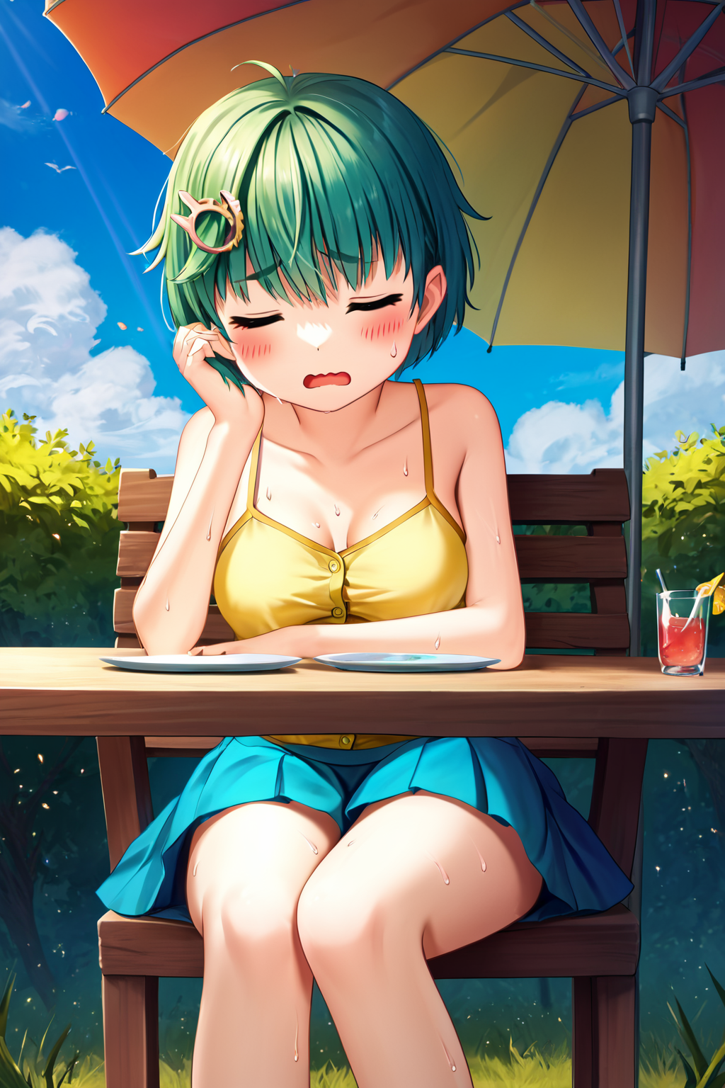 zPDXL2, rating_safe, source_anime, 4k quality, detailed background, detailed eyes, outdoors, sunny, sitting in chair, umbrella table, glass of juice, closed eyes, sad eyebrows, open mouth, wavy mouth, sweat drops, yellow button-up camisole, teal buttoned skirt, <lora:nomiki-xl-07:1>, nomiki, medium breasts, full breasts,