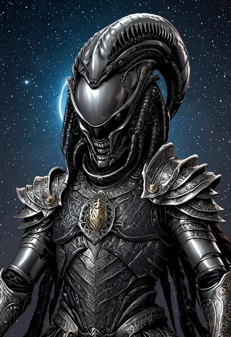 An insanely Detailed Divine Xenomorph, Golden and silver in color, a crimson tinge to the golden color, Hyperdetailed, Omnipresent, Beautiful, Sinister overtones, otherworldly,((masterpiece, best quality)), fantasy, solo, 1 alien knight, silver armor chestplate with silver medieval ornaments and runes, galactic night sky background, perfect composition, sidelighting, outdoor,