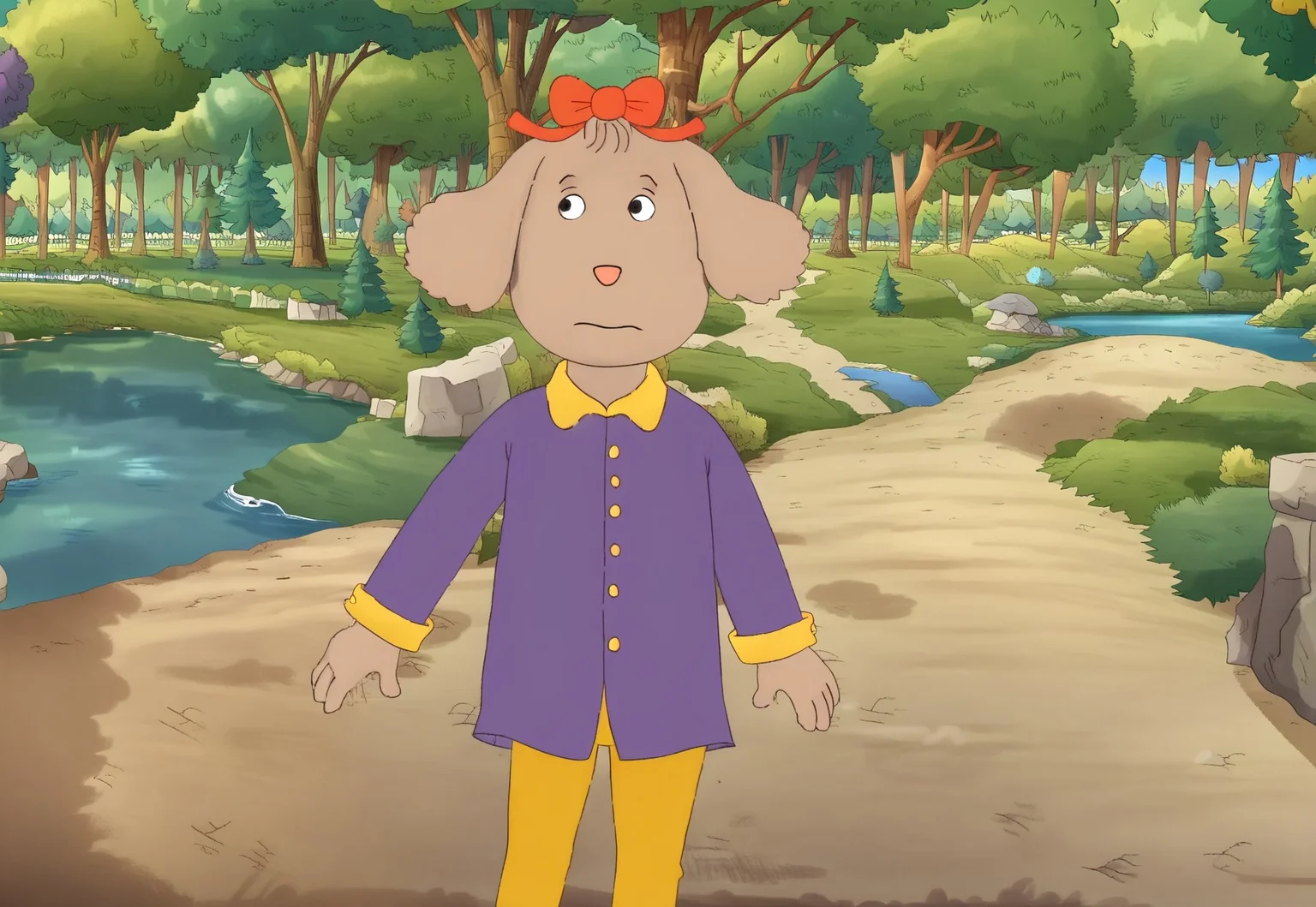 Fern Walters, 1girl, solo, anthropomorphic dog, animal ears, tannish grey fur. red bow on her head,
long sleeved purple blouse with yellow buttons, yellow pants, brown loafers,
park, river, trees, bike,