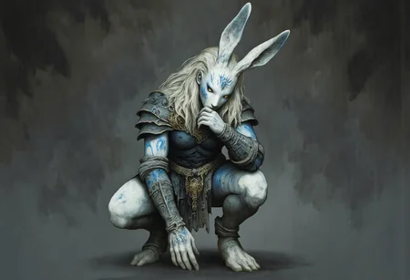 MikeFranchinastyle, Surreal art, d4artstyle, d4concept, , made of clay, aidmaMJ6.1, ZBClay model of a gray sculpture, Kentaro Miura, berserk style, ral-mold
a crouching anthropomorphic rabbit character with a blend of fantasy and warrior themes. This character has tall, expressive white rabbit ears and long, flowing platinum blonde hair that frames their intense golden eyes. They wear a dark, intricately detailed outfit with armor-like patterns, blending dark leather with silvery embellishments. Blue markings on their skin accentuate the character's fierce and mystical aura, while patches of darker fur on the cheeks give them a unique appearance.
The attire includes a fitted jacket with silver filigree on the sleeves and shoulders, paired with thigh-high white stockings and sturdy, clawed boots. The character's posture is contemplative, with one hand supporting their chin, enhancing their mysterious and introspective demeanor. The overall color palette features soft whites, deep grays, and metallic highlights, suggesting a character who is both graceful and powerful.
Background solid color with a faded dimly lit, black-covered darkness tone that emphasizes its silhouette. The medium is not a traditional painting or illustrative medium like watercolor or ink but rather a digital rendering, eerie and unsettling.