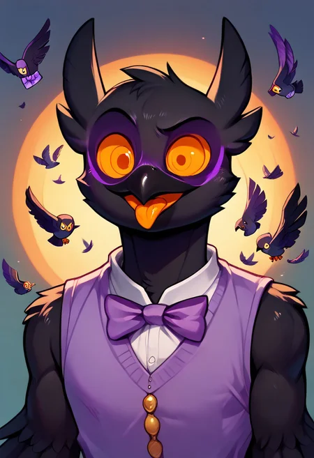 Barnaby, 1boy, yellow eyes, orange sclera, black body, long neck, feathers, bird feet, winged arms, bird tail, black beak, purple vest, sleeveless, purple bowtie, orange tongue, avian, furry, anthro, ghost, owl, spirit, digitigrade, no humans, no pants, perfect body, solo, (insanely detailed, beautiful detailed face, masterpiece, cinematic lighting, detailed hands, detailed face, best quality), (sharp), score_9_up, score_8_up, score_7_up, score_6_up, highest quality, 8K, RAW photo, source_anime, perfect face, perfect hands, upper body