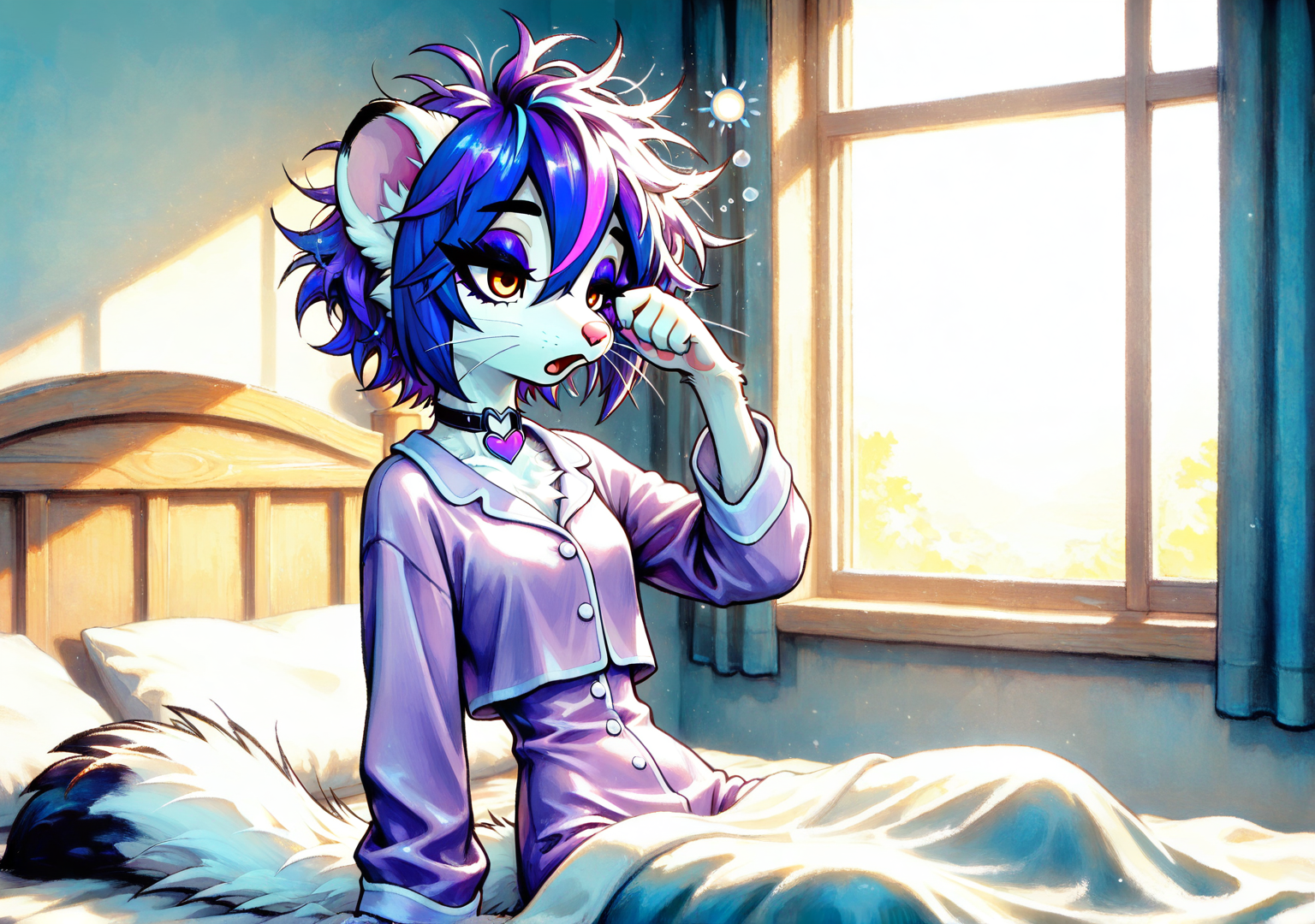 ILGMVO3, FMIXFT, radiant details, smari4, 1girl, solo, furry female, pink nose, whiskers, shiny hair, white fur, amber eyes, eyeshadow, eyeliner, thick eyebrows, (short hair, sidelocks, hair between eyes, blue hair, violet hair, streaked hair, cyan streaks, violet streaks, highlights), white body fur, body fur, black ear tips, (weasel tail, white tail, black tail tip), heart choker, paws, small claws, purple claws, skinny, narrow waist, purple pajamas, indoors, bed, window, sun, under covers, sleepy, sitting up, rubbing eyes, yawn, (messy hair:1.3),

masterpiece,best quality,amazing quality