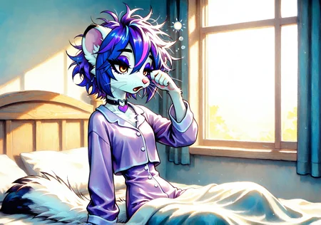 ILGMVO3, FMIXFT, radiant details, smari4, 1girl, solo, furry female, pink nose, whiskers, shiny hair, white fur, amber eyes, eyeshadow, eyeliner, thick eyebrows, (short hair, sidelocks, hair between eyes, blue hair, violet hair, streaked hair, cyan streaks, violet streaks, highlights), white body fur, body fur, black ear tips, (weasel tail, white tail, black tail tip), heart choker, paws, small claws, purple claws, skinny, narrow waist, purple pajamas, indoors, bed, window, sun, under covers, sleepy, sitting up, rubbing eyes, yawn, (messy hair:1.3),
masterpiece,best quality,amazing quality