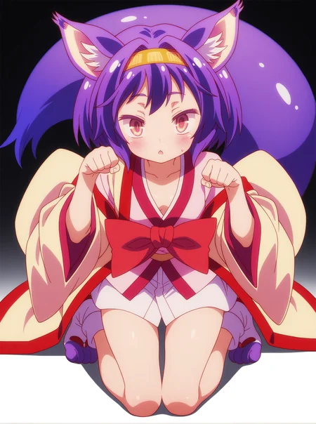 best quality,amazing quality,<lora:izuna:1>,izuna,fox paws,paw pose,kimono,fox ears,purple hair,full body,
