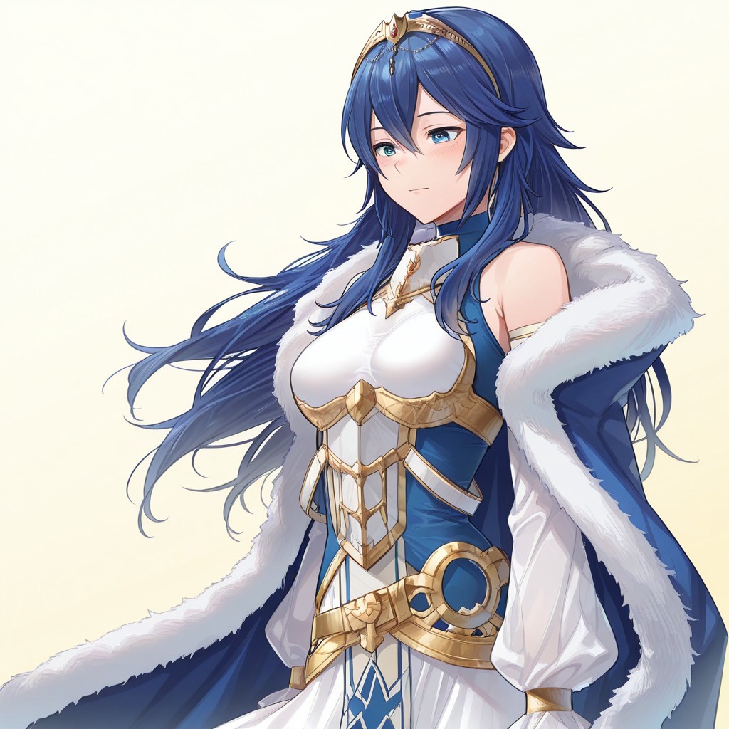 high resolution, score_9, score_8_up, score_7_up, score_6_up, score_5_up, score_4_up, masterpiece, best quality, amazing quality, very aesthetic, 
, 
1girl, solo, LucinaExalt, long hair, blue hair, hair between eyes, tiara, blue eyes,  dress, cape, fur trim. white dress, detached sleeves, breasts, 
Simple background.