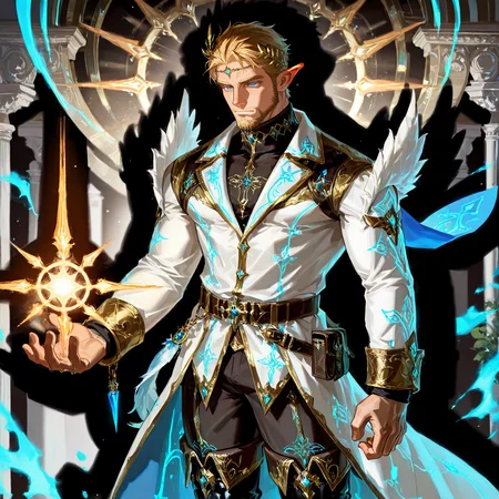<lora:Nasario__Alchemist_Code-000003:.7>, tagatamenasario, 1boy, elf, blonde, middle hair, blue eyes, gold hair ornament, hair accessory, solo, male focus, manly, mature male, bara, muscle body, coat, shirt, turtleneck, long sleeves, gold trim, glowing pattern, pants, full-leg boots,
cowboy shot,
(very short hair, beard, bara, mature, facial hair, stubble, beard, full beard, sideburn, beard, a lot of beard, ), facial hair,male focus, muscular male, muscular male, bara, mature,  bara, mature, aixiwuganda_(20222192), very awa, masterpiece, best quality, absurdres, newest, perfect quality, detailed background, intricate details,
<lora:slider_Body Type_alpha1.0_rank4_noxattn_last:3><lora:Anime Summer Days 2 Style SDXL_LoRA_Pony Diffusion V6 XL:.6><lora:slider_cfg_scale_boost:.7><lora:Artist6p:.55>, Artist6p, Artist04p,<lora:slider_il_brightness_slider_d1:-1><lora:slider_il_contrast_slider_d1:-1><lora:slider_DarkSlider1.2_alpha1.0_rank16_full_300steps:-.6><lora:slider_contract_controller_illus01_v1:.5>,