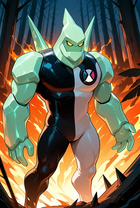 <lora:diamondhead-06:1> diamondhead, robot, yellow eyes, solo, 1boy, no humans, pokemon (creature), armor, spikes, yellow sclera, green skin, bodysuit, fire background, cartoon,  forest,, masterpiece, best quality, amazing quality, very aesthetic, absurdres, newest,