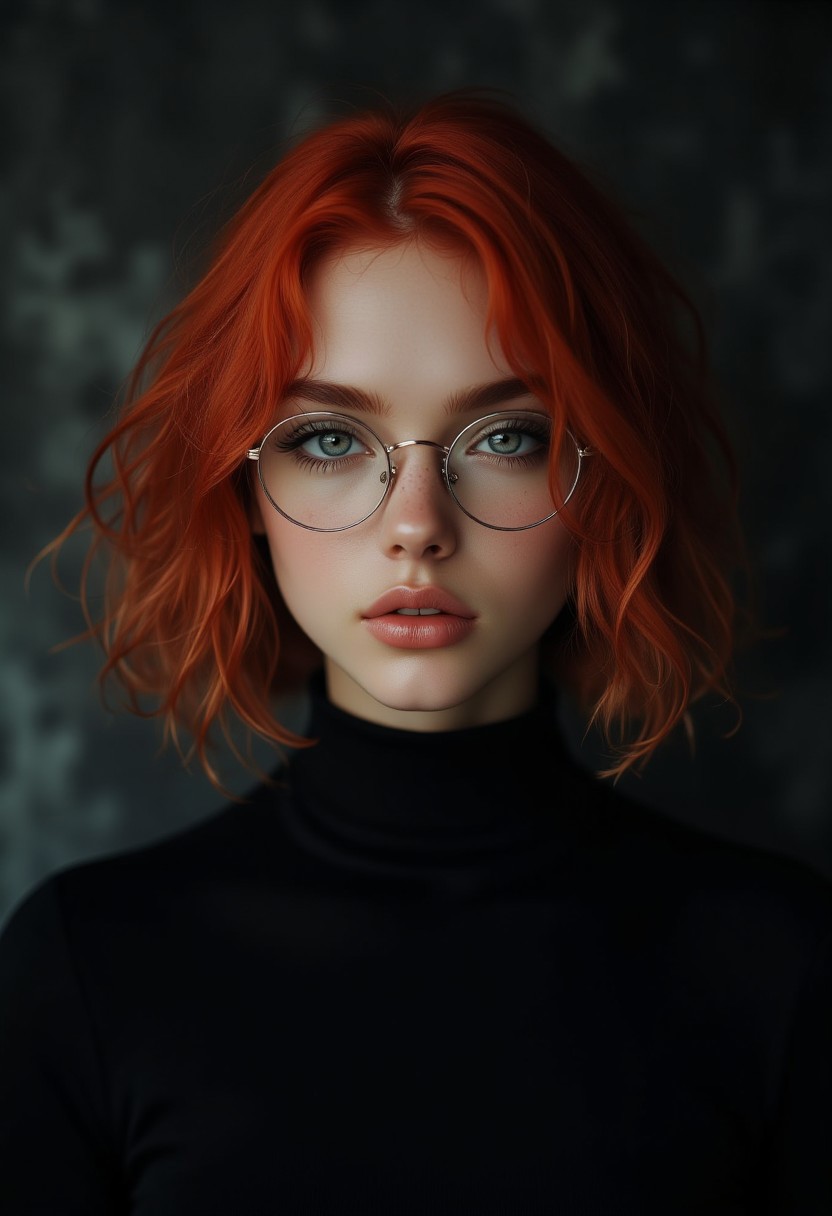 a cute woman, red hair bob, wearing skin tight black turtle neck, round glasses, front view, (hi-top fade), (dark theme:0.9), soothing tones, muted colors, high contrast, (natural skin texture, hyperrealism, soft light, sharp)