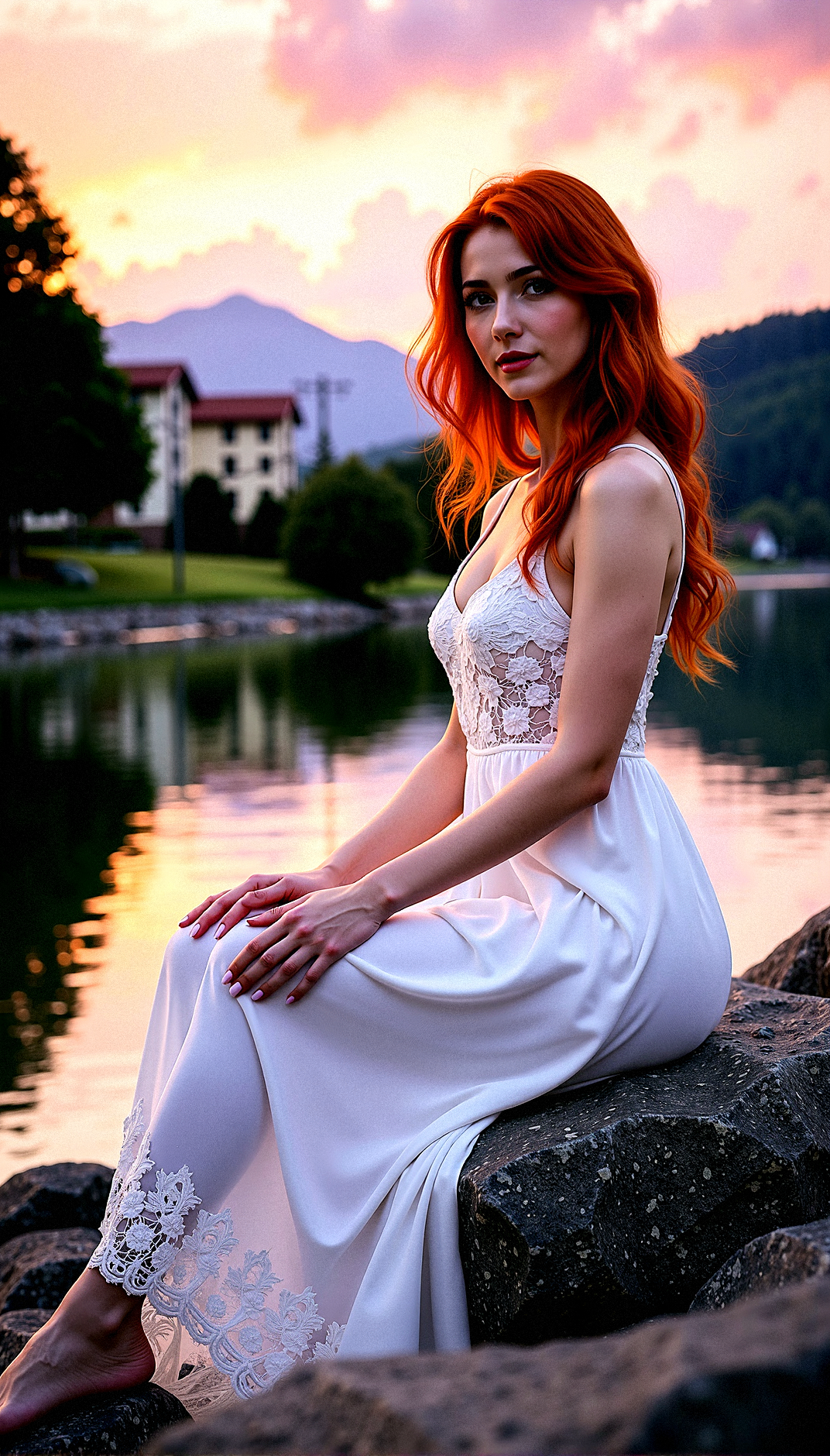 A serene, photorealistic image of a beautiful lady with red hair and green eyes,  at the edge of a lake as the sun sets. She wears White flowy maxi dress with lace details highlights her slim waist and ample bosom. The purple sky casts dramatic lighting across the tranquil nature scene. Perfect hands and body anatomy.Additional background details are a tree, stone walkway, utility pole, resort building seen farway near the mountain, mountainous horizon, 

Ripples in the lake water reflecting the sky, Intricate floral patterns on the maxi dress ,Detailed reflections of the sky on her dress

Sitting on a large stone, with her legs crossed, hands resting casually on her knees, looking calm and serene





























, 





