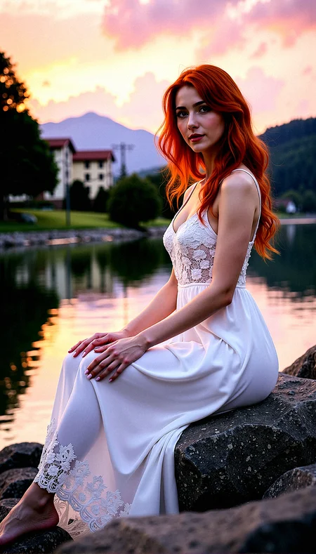 A serene, photorealistic image of a beautiful lady with red hair and green eyes,  at the edge of a lake as the sun sets. She wears White flowy maxi dress with lace details highlights her slim waist and ample bosom. The purple sky casts dramatic lighting across the tranquil nature scene. Perfect hands and body anatomy.Additional background details are a tree, stone walkway, utility pole, resort building seen farway near the mountain, mountainous horizon, 

Ripples in the lake water reflecting the sky, Intricate floral patterns on the maxi dress ,Detailed reflections of the sky on her dress

Sitting on a large stone, with her legs crossed, hands resting casually on her knees, looking calm and serene





























, 




