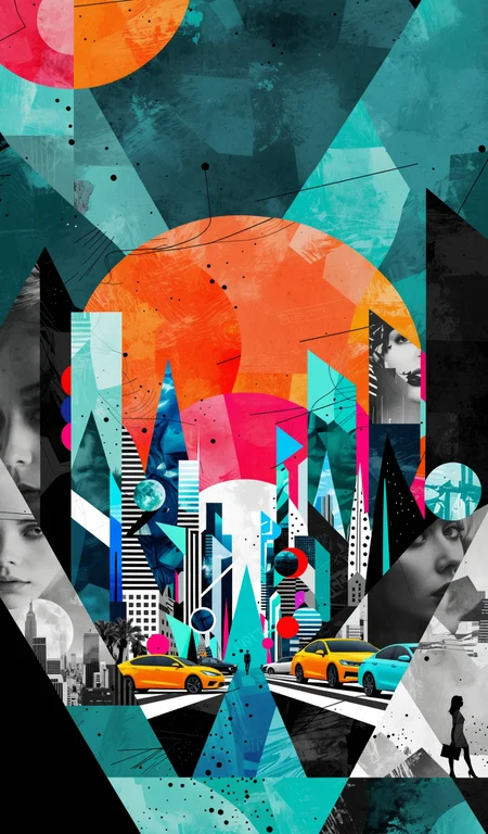 Contemporary art collage. Futuristic city landscape, geometric shapes in vibrant colors