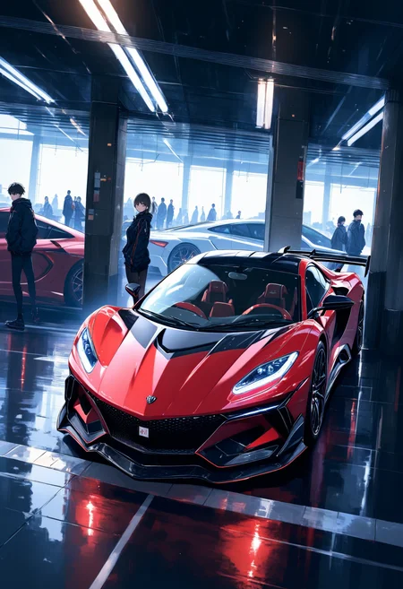 masterpiece,high score,great score,absurdres,  ., a red car parked in a parking garage next to a wall with a window on it's side [19] ,<lora:R0k00M0t0rV3h1c13HD:1>, (R0k00M0t0rV3h1c13HD, car, ground vehicle, motor vehicle, vehicle focus, Cornelisz Hendriksz Vroom, panfuturism),concept design art [3],people [1],