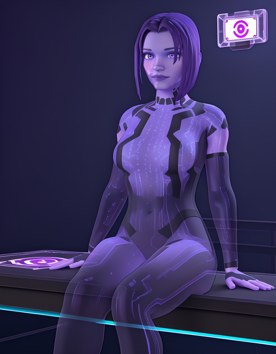 Masterpiece, high-res, 2k, best quality, 3d, translucent,  cortanah2, purple skin, purple theme, hologram,transparent,  medium breasts,   <lora:cortanah2_pony-000043:1> Sitting on the edge of a table or ledge