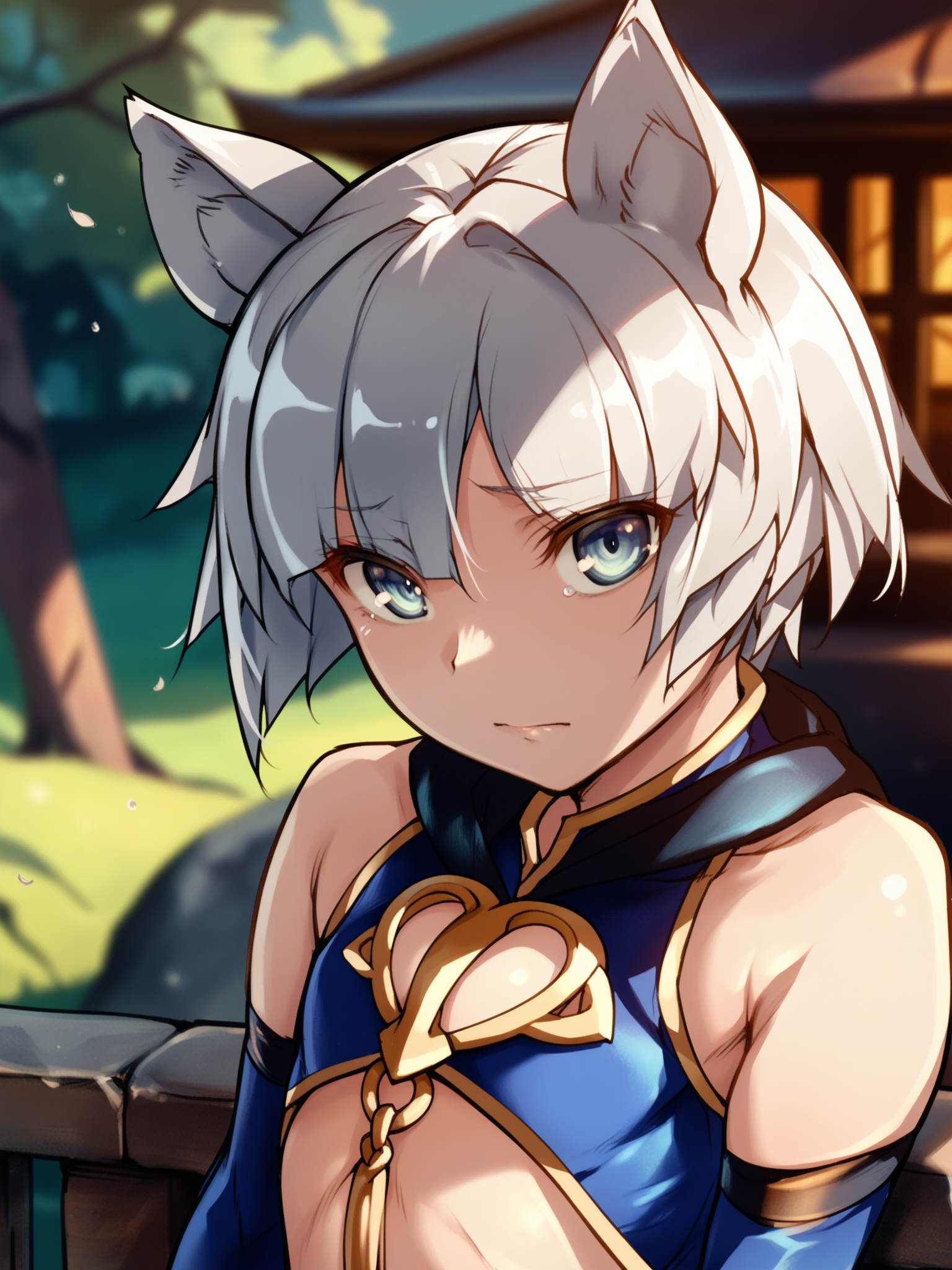 <lora:happy_tentacle-elin-v0.2-000028:1>, ht_elin, animal ears, chinese clothes, blue dress, gold trim, cleavage cutout, center opening, bare shoulders, elbow gloves, blue gloves, navel, outdoors , 1girl, solo, upper body, , (sad :1.2), , looking at viewer , sitting , facing viewer , score_9, score_8_up, score_7_up, score_6_up, score_5_up, score_4_up