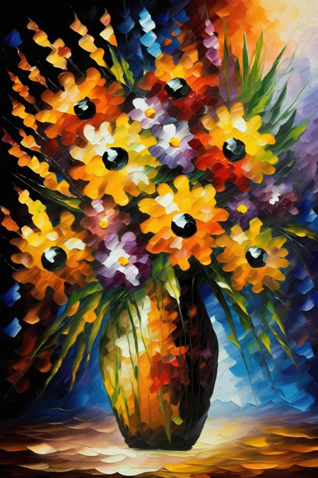 <lora:Leonid Afremov Style:1>Leonid Afremov Style - A beautiful floral arrangement bursting with vibrant colors and textured brushstrokes, reminiscent of Leonid Afremov's artistic approach.