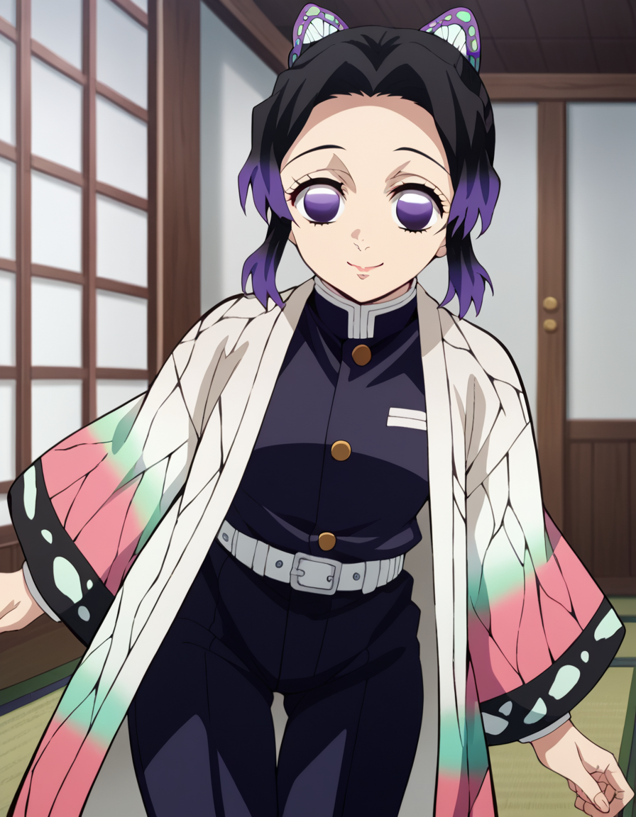 score_9, score_8_up, score_7_up, source_anime,
shinobukochou, <lora:shinobu-kochou-anime-ponyxl-lora-nochekaiser:1>,
shinobu kochou, animal print, black hair, butterfly, butterfly hair ornament, butterfly print, forehead, gradient hair, hair ornament, haori, multicolored hair, parted bangs, purple hair, short hair, two-tone hair,
belt, black pants, butterfly print, coat, demon slayer uniform, haori, japanese clothes, pants, uniform,
indoors, dojo, bent over, smile,
solo, dutch angle, looking at viewer, cowboy shot,