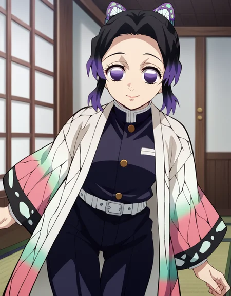 score_9, score_8_up, score_7_up, source_anime,
shinobukochou, <lora:shinobu-kochou-anime-ponyxl-lora-nochekaiser:1>,
shinobu kochou, animal print, black hair, butterfly, butterfly hair ornament, butterfly print, forehead, gradient hair, hair ornament, haori, multicolored hair, parted bangs, purple hair, short hair, two-tone hair,
belt, black pants, butterfly print, coat, demon slayer uniform, haori, japanese clothes, pants, uniform,
indoors, dojo, bent over, smile,
solo, dutch angle, looking at viewer, cowboy shot,
