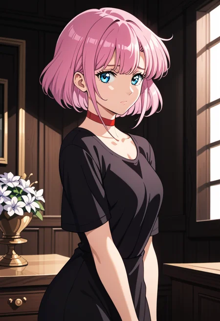 score_9, score_8_up, score_7_up, BREAK  <lora:Nurm-000006:1> nummr, 1girl, pink hair,red choker, blue eyes,short hair,sidelocks,black shirt,dark room,side view,sad looking,looking at viewer, candelabra,cowboy shot,indoors